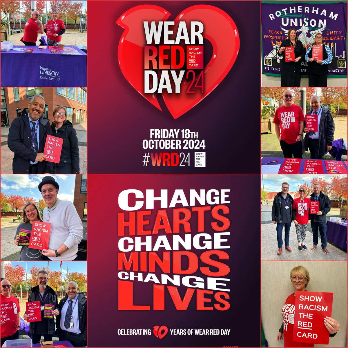 UnisonRotherham's tweet photo. Our amazing members showing support for @SRTRC_England ahead of tomorrow’s #WearRedDay! ✊

🗓️We’re proud to support @AntiRacismDay National Demo on Oct 26th to #STOPTommyRobinson 
@UnisonRotherham members contact branch for reimbursement of ticket cost on organised transport 🚌 https://t.co/zUR3xCOizU