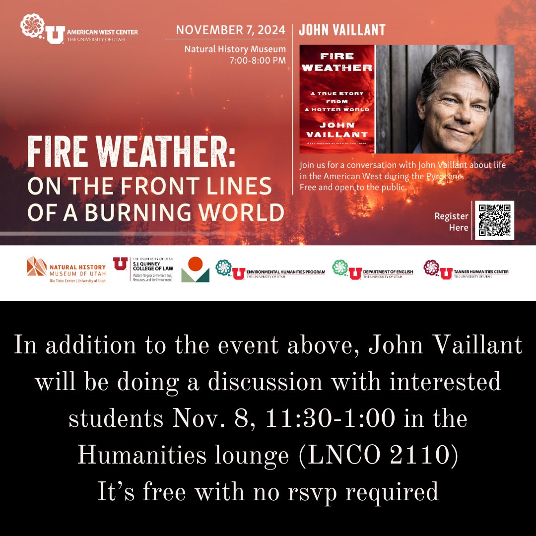 Join other humanities students for a discussion with the author on the book Fire Weather, by John Vaillant on Nov. 8 11:30-1:00 in LNCO rm 2110. We hope to see you there!