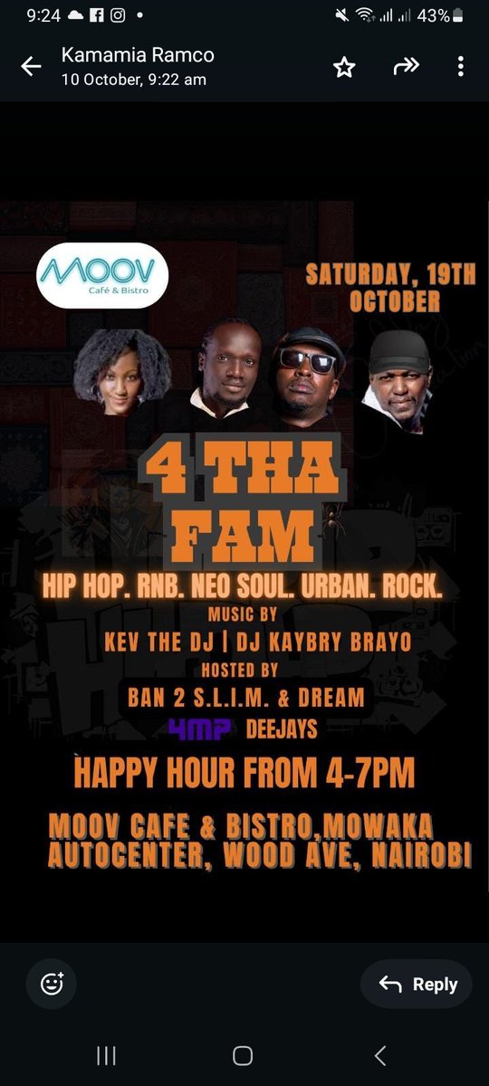 THIS SATURDAY 19th October Come through to Moov Café and Bistro and listen to awesome  Hip Hop, RnB, Neo Soul, Rock and Urban Sounds VDJ  and DJ mixes by 
<a href="/Kevthedeejay/">Kev The Deejay™</a>
 And DJKayBry Brayo 
 hosted by Dream Njeri and yours truly  #4THAFAM254 🔥🔥🔥
