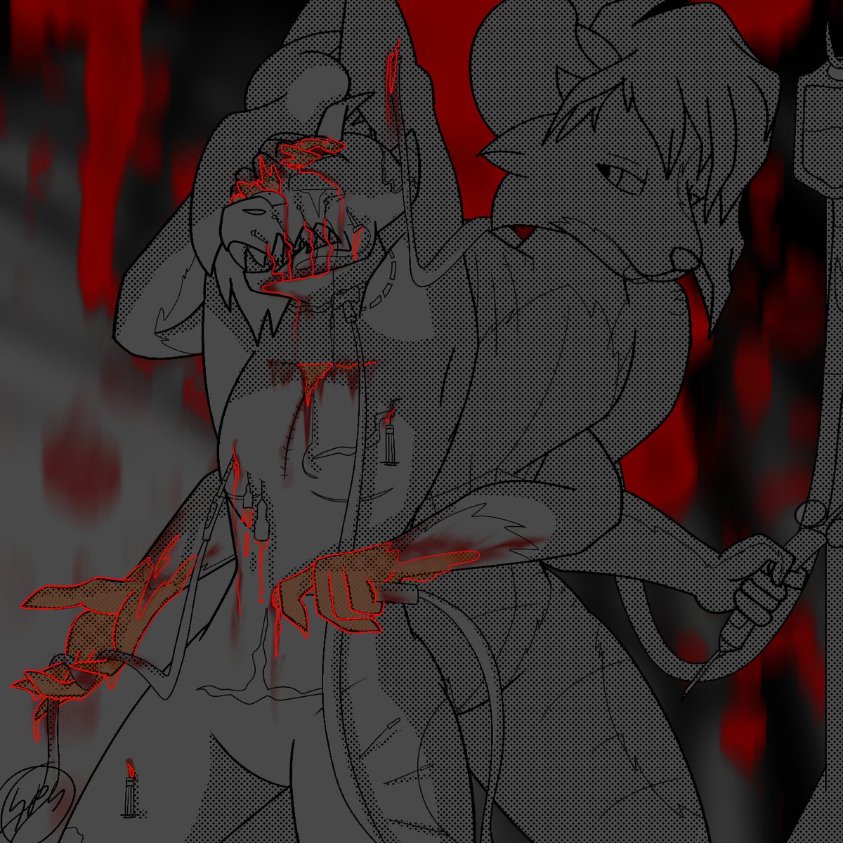 Fluff_Spark3r's tweet photo. Day 17
Needles

"Stay awake, we aren't done..."

Characters: @EvergreenFenrir &amp; @ElpisTheWicker 
#goretober #goretober2024 https://t.co/WOTTCF54ND