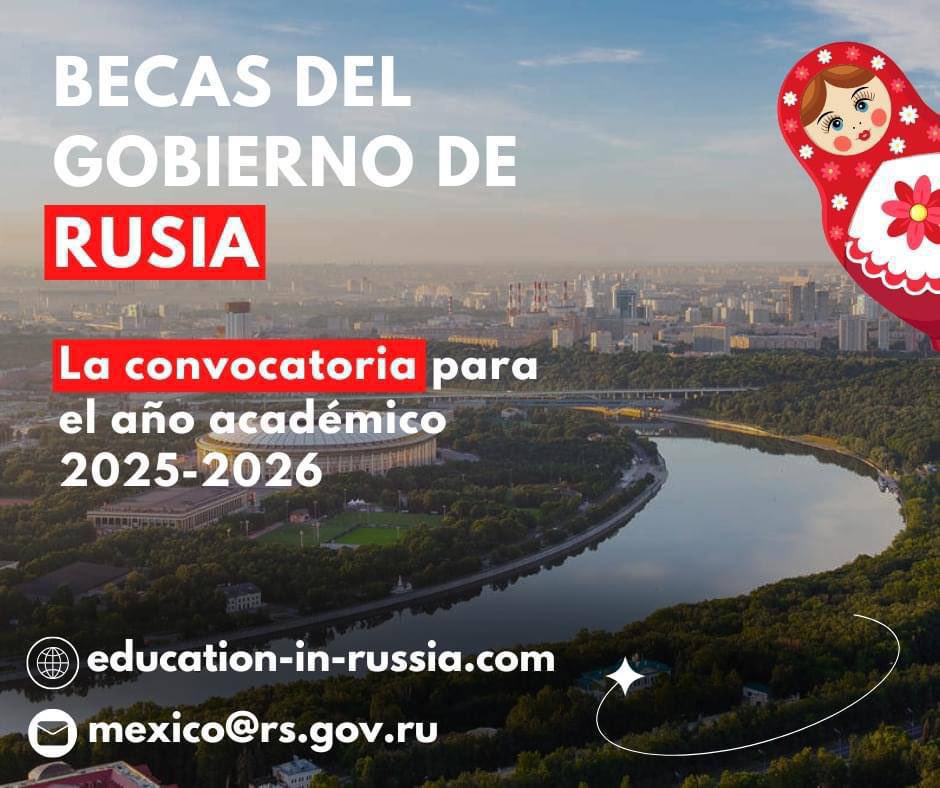 EmbRusiaMexico's tweet photo. ¿Quieres empezar a estudiar en Rusia? 

🇷🇺 ¡Del 7 de octubre 2024 al 15 de enero de 2025 está abierta la inscripción para recibir #becas del Gobierno de #Rusia para el año 2025-2026!

La beca incluye: los estudios gratuitos durante todo el período de estudios en una de las universidades rusas.

❗️La participación en la convocatoria se realiza completamente de forma virtual a través de registración en la plataforma electrónica https://t.co/eXU2AYv7BP hasta el 15 de enero.

📎 MAS INFORMACIÓN

https://t.co/KH62yvc4Cy