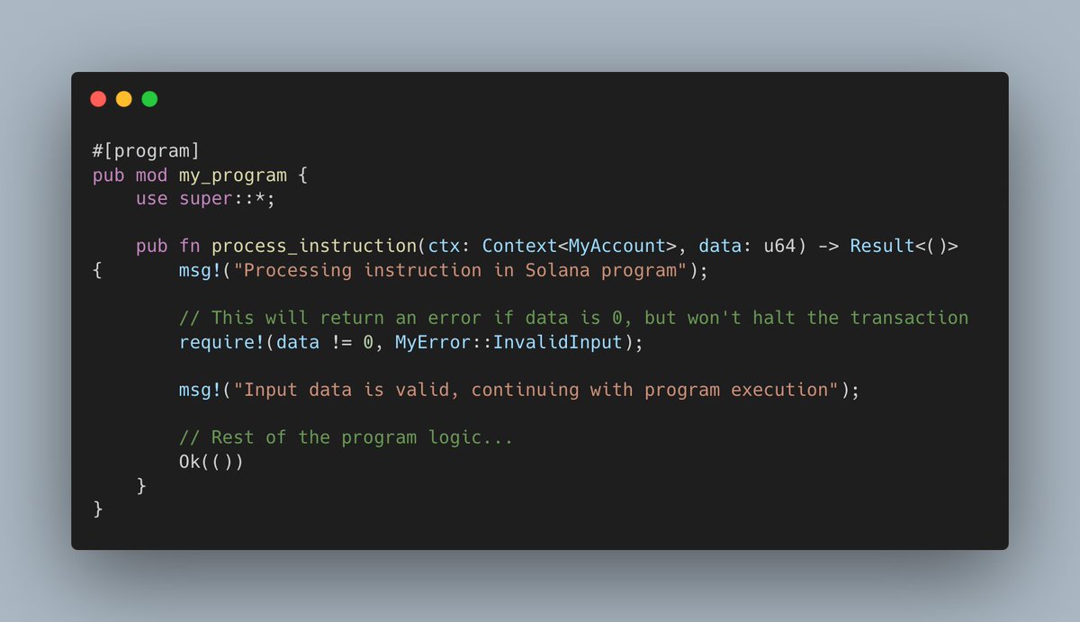 sherlockdefi's tweet photo. Just in: Solana handles errors differently from Ethereum. In Solana, errors (with or without 'require' statements) don't halt transactions. Instead, they simply return an error value. https://t.co/255Zy8KRJW