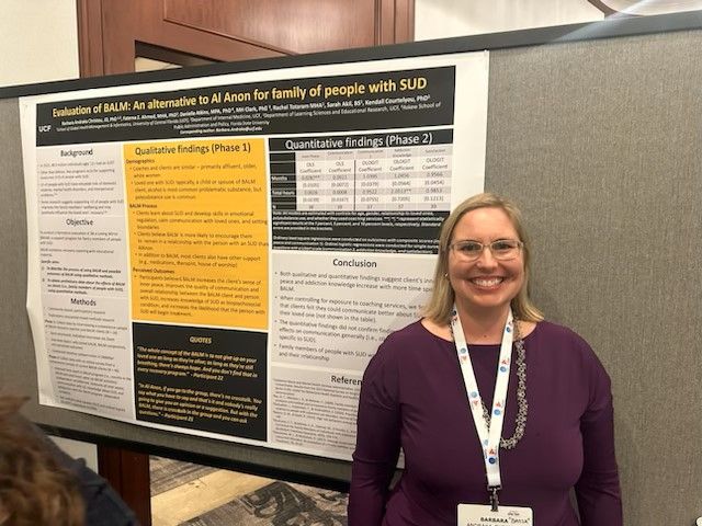 We’re at the @ahsrconference, presenting research to help families affected by SUD! This collab features #UCFSGHMI faculty, including Dr. Basia Andraka-Christou, Dr. Kendall Cortelyou, Dr. MH Clark, student Rachel Totaram, assistant Sarah Akil and postdoc Fatema Ahmed.

#AHSR2024