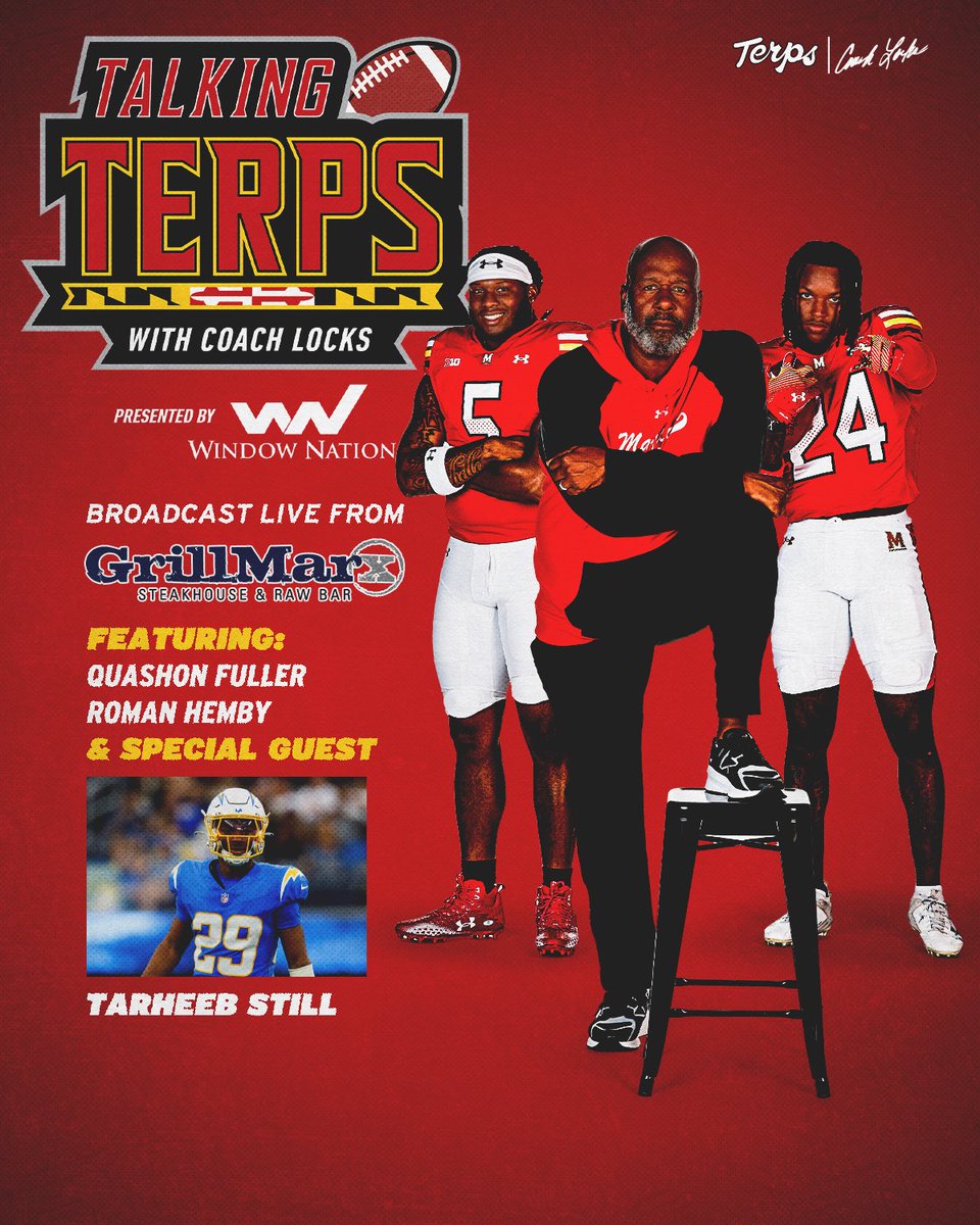 Another Week of Talking Terps with <a href="/CoachLocks/">Michael Locksley</a> tonight! Featuring <a href="/quashonfuller/">Quashon Fuller</a> , <a href="/r_h3mby/">Roman Z. Hemby</a> &amp; <a href="/tarheebstill/">Heeb Still</a> 

Watch live from GrillMarX in College Park or listen on <a href="/1057TheFan/">105.7 The Fan</a>, <a href="/team980/">The Team 980</a> and the One Maryland App

Show begins at 7 PM. Presented by <a href="/WindowNation/">Window Nation</a>