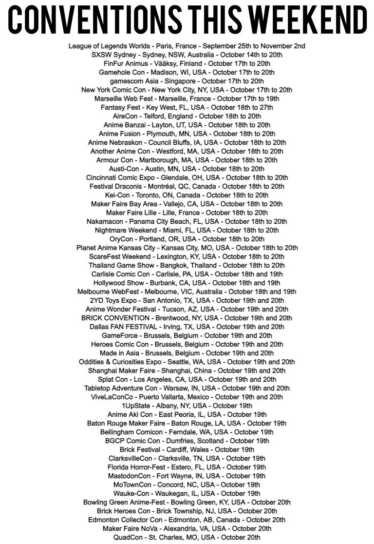 GlobalFanCons's tweet photo. 57 Conventions this weekend in 🇫🇷🇦🇺🇫🇮🇺🇸🇸🇬🏴🇨🇦🇹🇭🇧🇪🇨🇳🇲🇽🏴🏴
What will you be attending? #Worlds2024 #SXSWSydney #gamescomAsia #NYCC #MWF2024 #FantasyFest #AAC2024 #CincyExpo2024 #MFBA24 #TGS2024 #DallasFANFESTIVAL #GameForce #ViveLaConCo #MakerFaireNoVa (1/5) ~ LM https://t.co/poE9qpjnhq
