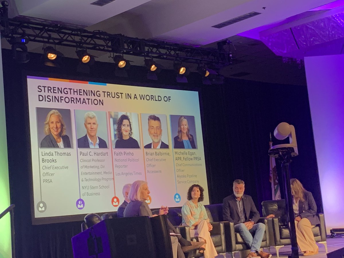 PRSAtactics's tweet image. Our #PRSAICON closing panel, Strengthening Trust in a World of Disinformation, moderated by Linda Thomas Brooks, CEO, PRSA, features Brian Balbirnie, CEO, Accesswire; Paul Hardart, NYU Stern; Michelle Egan, CCO, Alyeska Pipeline Service Co; &amp;amp; Faith Pinho, Reporter, LA Times #prsa