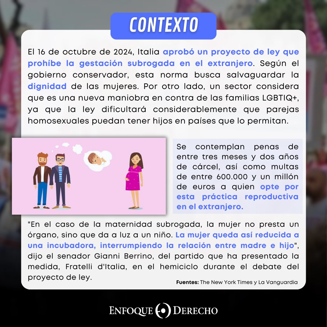 EnfoqueDerecho's tweet photo. #Internacional 🌍

¿Sabías que en #Italia se aprobó una ley que prohíbe la gestación #subrogada en el extranjero?

En el siguiente carrusel, #EnfoqueDerecho informa sobre la cuestionada ley propuesta por el partido de la primera ministra de Italia, #GiorgiaMeloni. https://t.co/Xfz84JKzp5