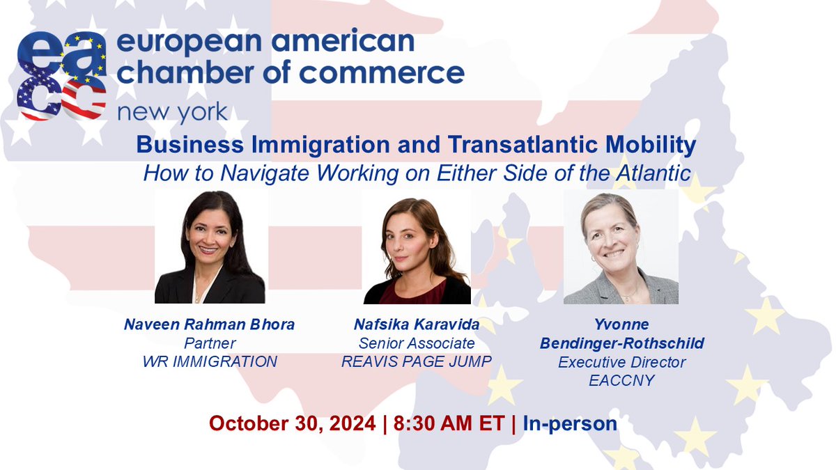DON'T MISS!
📅Oct. 30 | "#BusinessImmigration &amp; #Transatlantic #Mobility - How to Navigate Working on Either Side of the Atlantic"
All about  immigration &amp; mobility challenges Europeans  &amp; Americans face when they work in 🇺🇸&amp; 🇪🇺.
#RSVP: eaccny.com/events/?event_…

<a href="/WOLFSDORF/">WR Immigration</a>
<a href="/RPJLaw/">Reavis Page Jump LLP</a>