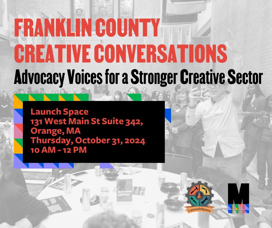 Join us for the Franklin County Creative Conversations on 10/31 at Launch Space from 10 AM -12 PM. 

This conversation will help inform the 2025-2026 Creative Sector Agenda. 

RSVP by 10/30! Details: mass-creative.org/events-2-1/fra…  #CreativeMA #ArtsAdvocacy