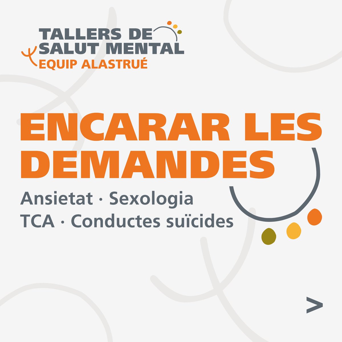 AlastruePsico's tweet photo. 🟠✍️ Inscriu-te al cicle de Tallers de Salut Mental!

🧠➡️ Ansietat, sexologia, TCA i conductes suïcides: 4 tallers per abordar les demandes que més ens poden preocupar als professionals de la salut mental.

🔗 Insciu-te a https://t.co/Tjvv8pfZlC https://t.co/0u79feSPVw