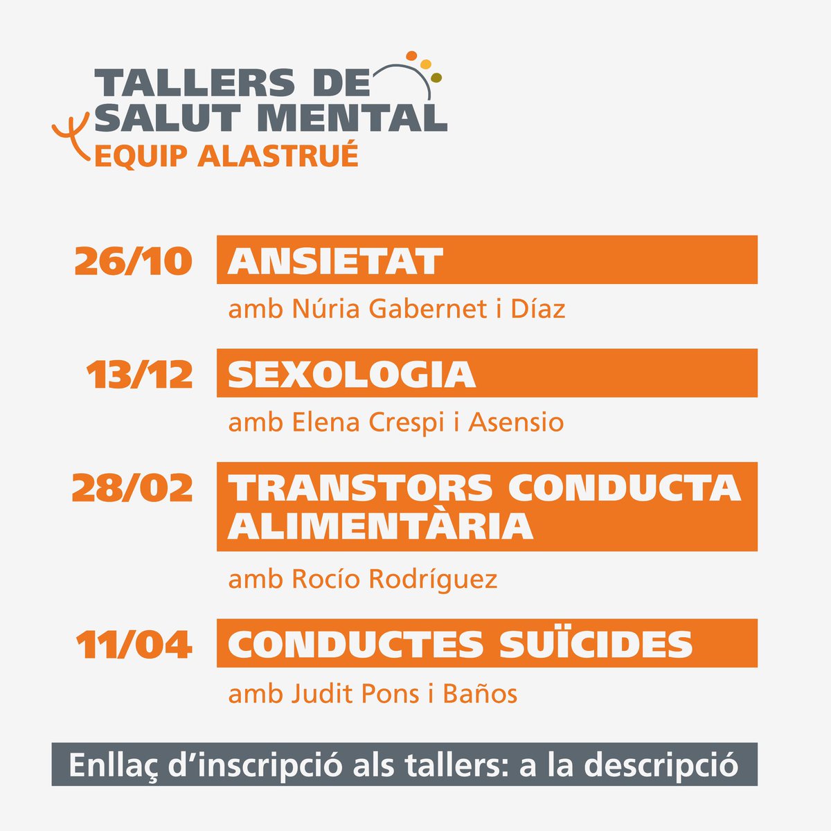 AlastruePsico's tweet photo. 🟠✍️ Inscriu-te al cicle de Tallers de Salut Mental!

🧠➡️ Ansietat, sexologia, TCA i conductes suïcides: 4 tallers per abordar les demandes que més ens poden preocupar als professionals de la salut mental.

🔗 Insciu-te a https://t.co/Tjvv8pfZlC https://t.co/0u79feSPVw