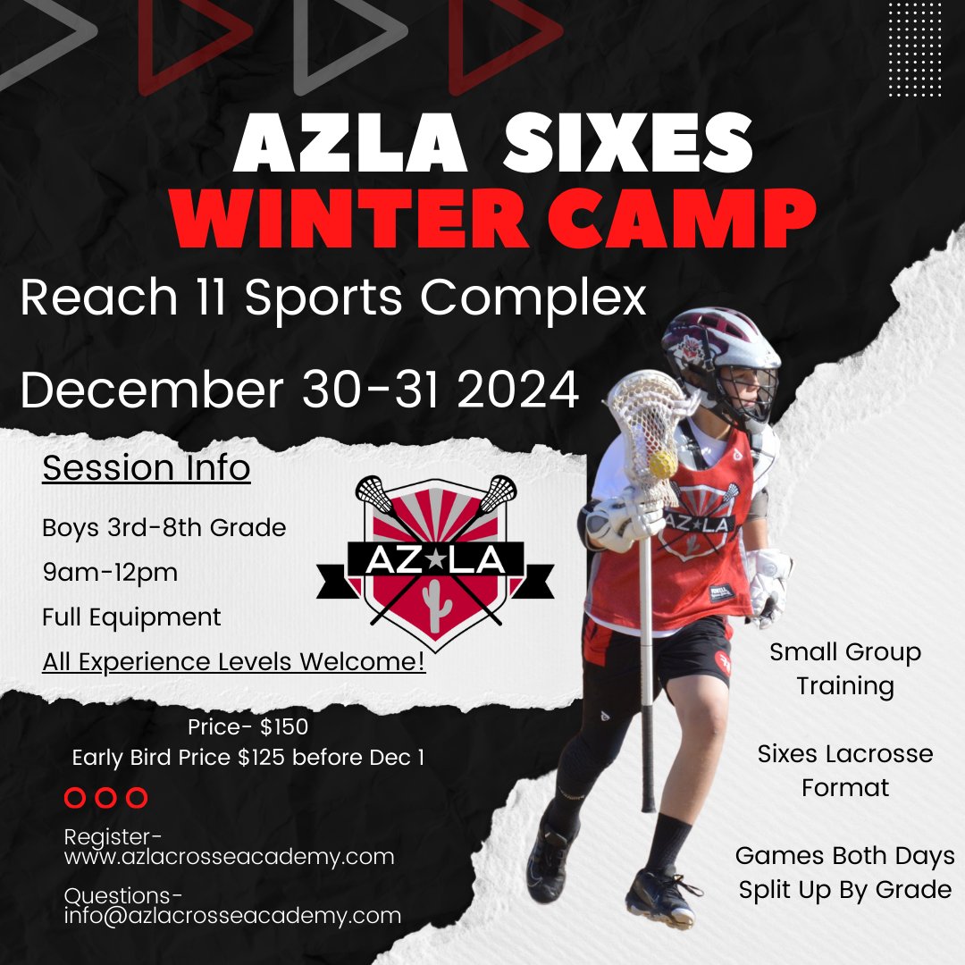 Join us for our 6th year of Winter Camp where we'll focus on Sixes Lacrosse with games over the two days. More touches, more speed, more fun! 

Dates- December 30-31 from 9a-12p
Location- Reach 11 Turf Field, Phoenix
Grades- Boys in 3rd-8th 
All levels of experience are welcome!