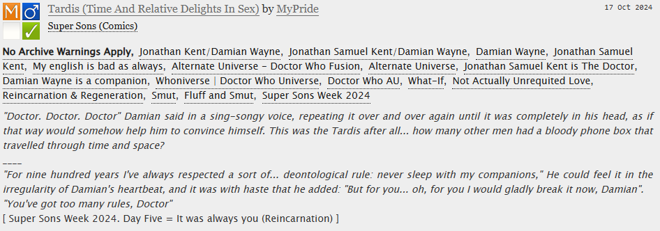 MyPrideHD's tweet photo. Day five, I'm coming! @SuperSonsWeek
5. https://t.co/Doy75PDGIb
[ Super Sons Week 2024. Day Five = It was always you (Reincarnation) ]
#SuperSonsWeek2024 #supersons #jondami #damijon #fanfiction #damianwayne #jonathankent #dccomics #robin #superboy #doctorwhoau https://t.co/IRHDcpasJT