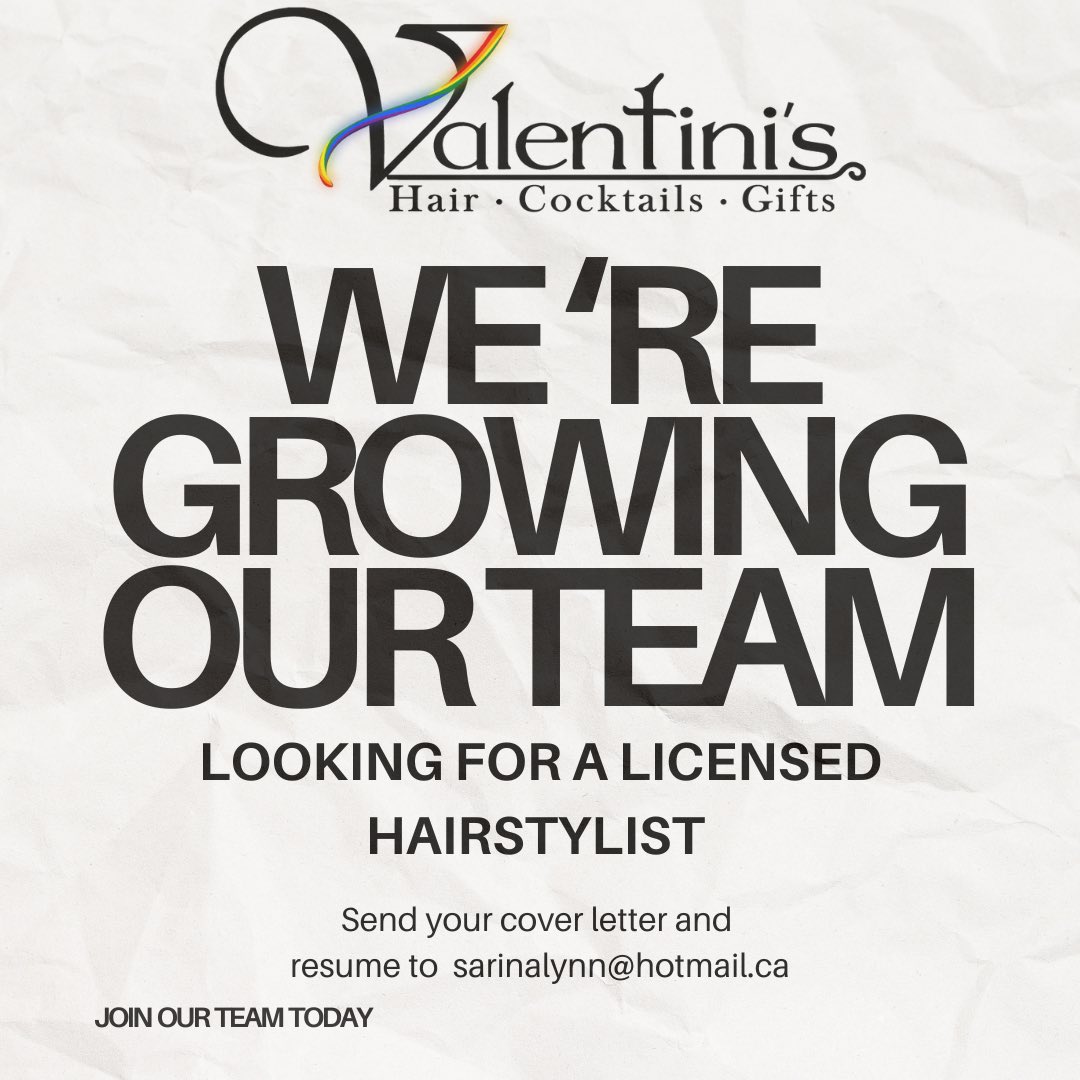 Valentini HairDesign (@valentinihair) on Twitter photo We’re growing our team!✨ If you’re a passionate, licensed hair stylist ready to take your career to the next level, we want to hear from you! 💇♀️💗
Email your cover letter and resume to sarinalynn@hotmail.ca! ✨🤍💗 We’re growing our team!✨ If you’re a passionate, licensed hair stylist ready to take your career to the next level, we want to hear from you! 💇♀️💗
Email your cover letter and resume to sarinalynn@hotmail.ca! ✨🤍💗