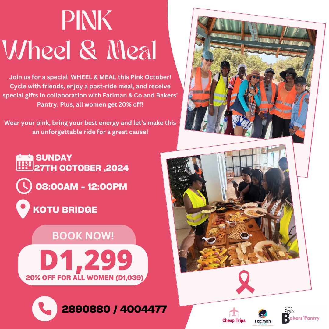 Get ready for PINK WHEEL &amp; MEAL this #PinkOctober ! 🚴‍♀️ Cycle with friends, enjoy brunch 🍽️, and receive gifts 🎁 in collaboration with <a href="/FatimanCo/">Fatiman & Co Ltd</a> and Bakers’ Pantry as we raise awareness and have fun! 🎀 20% off for all women 🌸

Wear your pink 🎀 and bring your best energy!