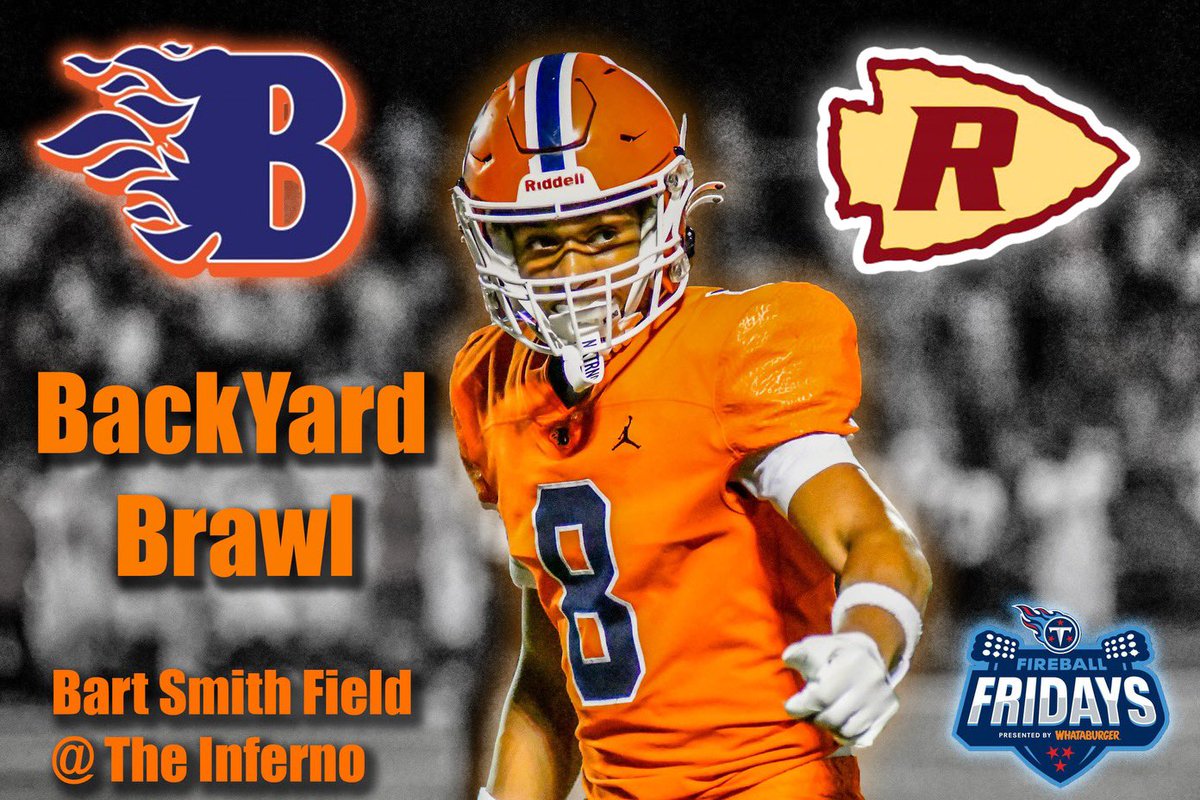 WEEK 9 - October 18, 2024
🆚 Riverdale
📍 Blackman High School
🏟️ Bart Smith Field
⏰ 7:00 pm
🎟️ $10

Tennessee Titans Fireball Fridays Game of the Week presented by Whataburger
 
gofan.co/event/1609884?…

#WeAreBlackman 🔥