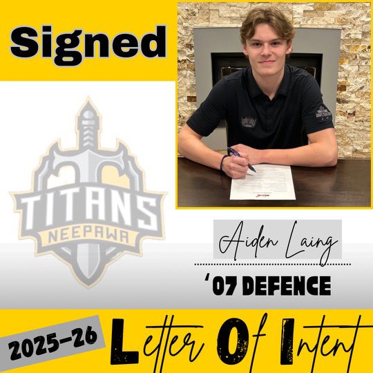 MJHLTitans's tweet photo. ‼️LOI Signing 🖊️‼️

The Neepawa Titans are happy to announce that defenseman Aiden Laing has signed a Letter of Intent with the club for the 2025-26 season.

Please join us in welcoming Aiden and his family to Titans!

#BeTheBeast⚔️ @mjhlhockey @3Awheatkings https://t.co/IGHHl0pxg6