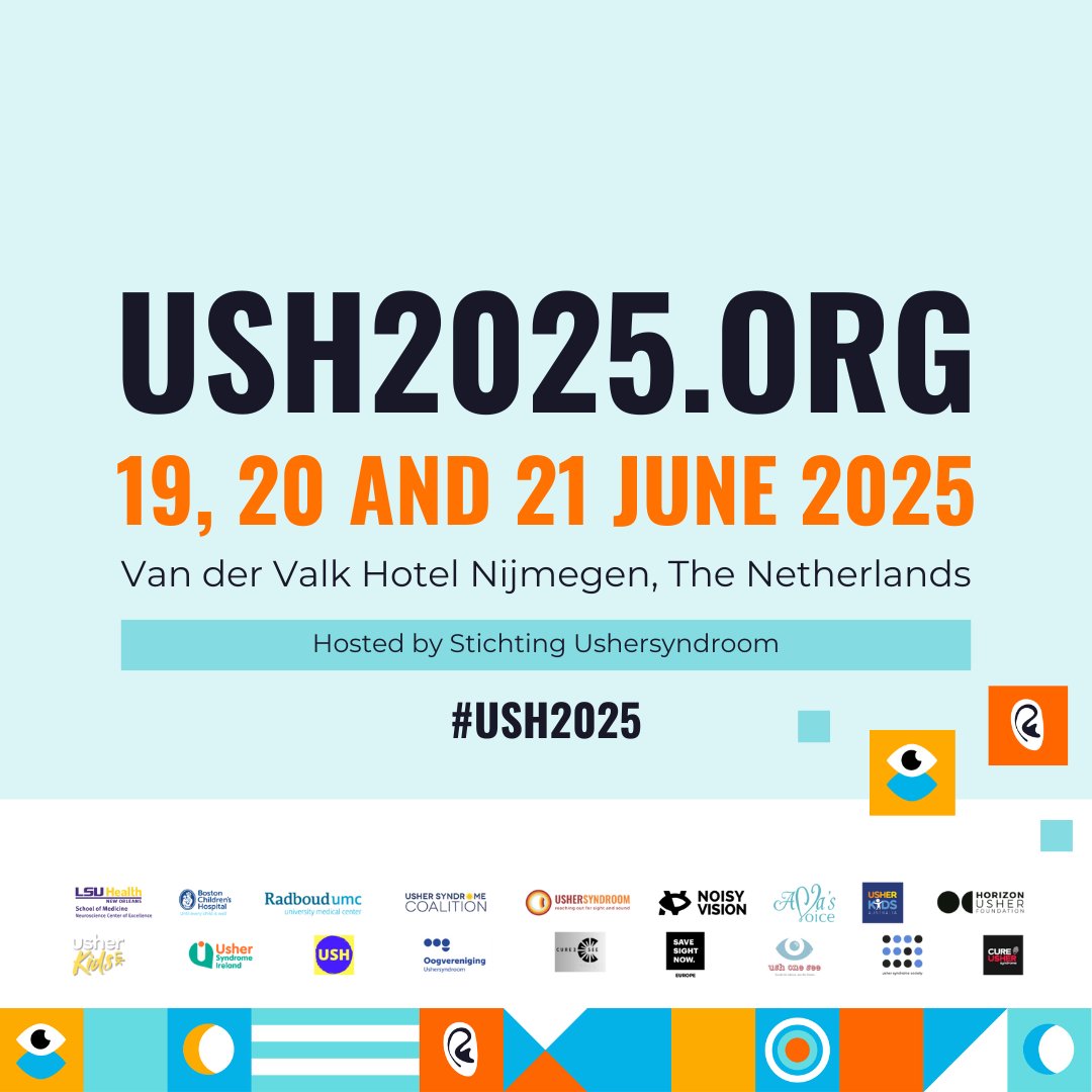 USH2025: where science and community meet. June 19-21, 2025. Scientific Congress on June 19-20; on June 21, the Congrestival with workshops,and activities for the USH community. During USH2025, the Usher Crusher Grant will be awarded and an exhibition will be held in Stevenskerk.