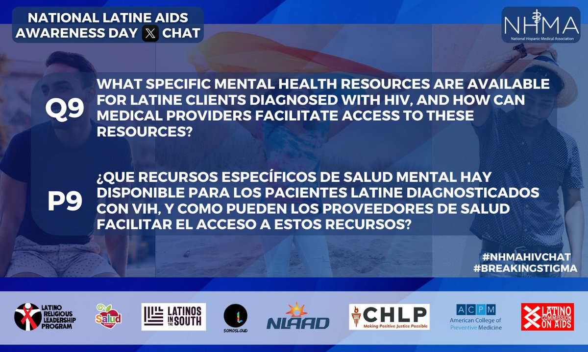 NHMAmd's tweet photo. Q9: What specific mental health resources are available for Latine clients diagnosed with HIV, and how can medical providers facilitate access to these resources?

#NHMAHIVCHAT #BreakingStigma #SOMOSLOUD https://t.co/is8nz2SNy4