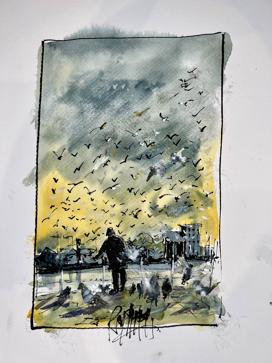 Every day, regardless of the weather, a man comes to the end of the dock and rattles a box of nuts and seeds. He is engulfed in pidgins, seagulls, ducks and even Swans. He feeds them all and melts away until tomorrow. 
I’ve tried to capture the moment with pen and watercolour