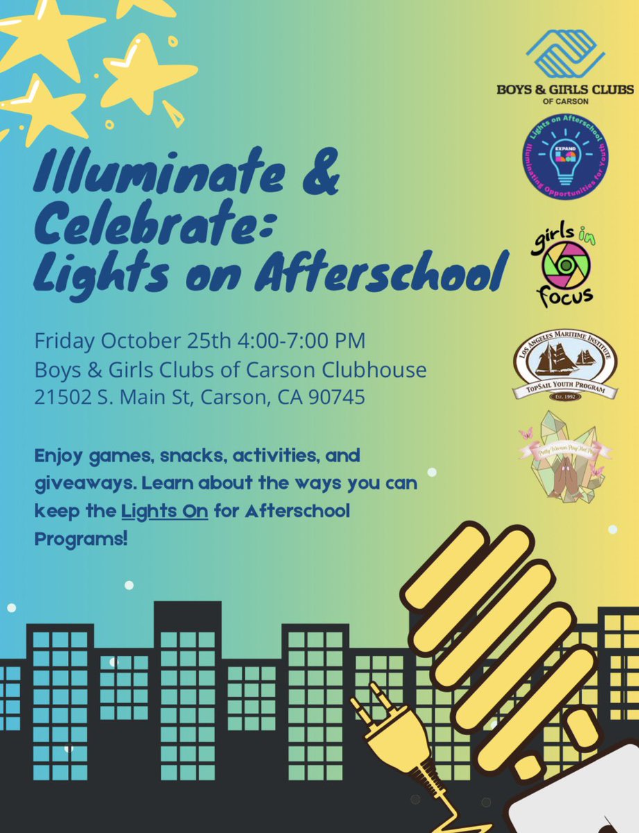 DianaEdithMedel's tweet photo. Celebrating National Lights in Afterschool with South Bay expanded learning partners next Friday because afterschool programs work 👏🏽 

@afterschool4all @SaveAfterschlCa @ca_afterschool @expandla @BGCA_Clubs @DailBreezeNews @CarsonChamber @RandomLengths @FOXLA @NBCLA https://t.co/aRiesKvYtp