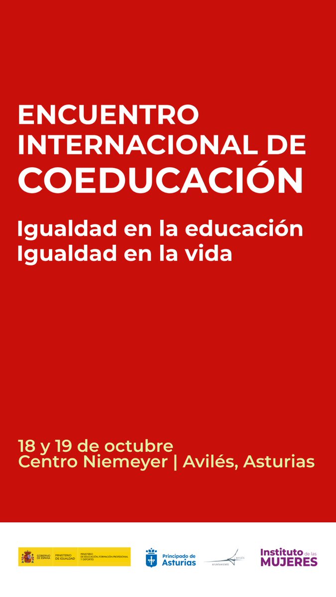 IgualdadGob's tweet photo. 👉 Sobre coeducación y más hablaremos los próximos 18 y 19 de octubre en el @CentroNiemeyer de Avilés, Asturias.

📲 Programa: https://t.co/TcnskqtbDJ 
🔗 Más información: https://t.co/vnCxhK9Wa8 

@GobAsturias 
@AytoAviles https://t.co/oNeCQhWzZV
