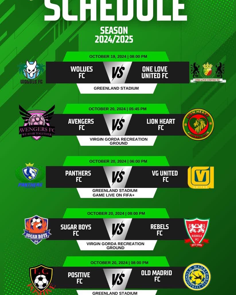 🏆 Get ready for an action-packed weekend in the B V I  National League 2024/2025 season! From October 19-20, watch teams battle it out at Greenland Stadium and Virgin Gorda Recreation Ground. 
Whether you're supporting from the stands or catching the live broadcast