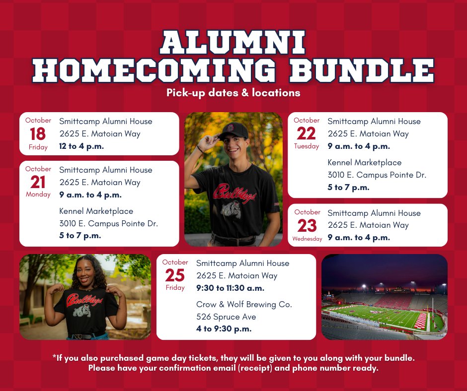 FresnoStateAlum's tweet image. Homecoming Bundles are ready for pick-up starting tomorrow afternoon! 🎉 Check out the dates & locations below to snag yours.
Haven’t purchased yet? There’s still time—grab your bundle now at bit.ly/alumnibundle-24 🐾