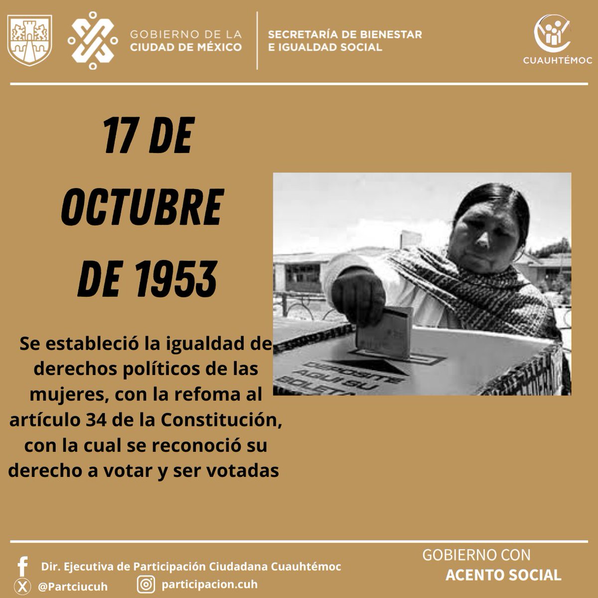 Hoy 17 de Octubre se cumplen 70 años del decreto de ley que permitía a las mujeres a votar y ser votadas👩, se publicó en el Diario Oficial de la Federación y las mujeres en todo el país participaron por primera vez en elecciones federales en 1955🗳😀

#GobiernoConAcentoSocial