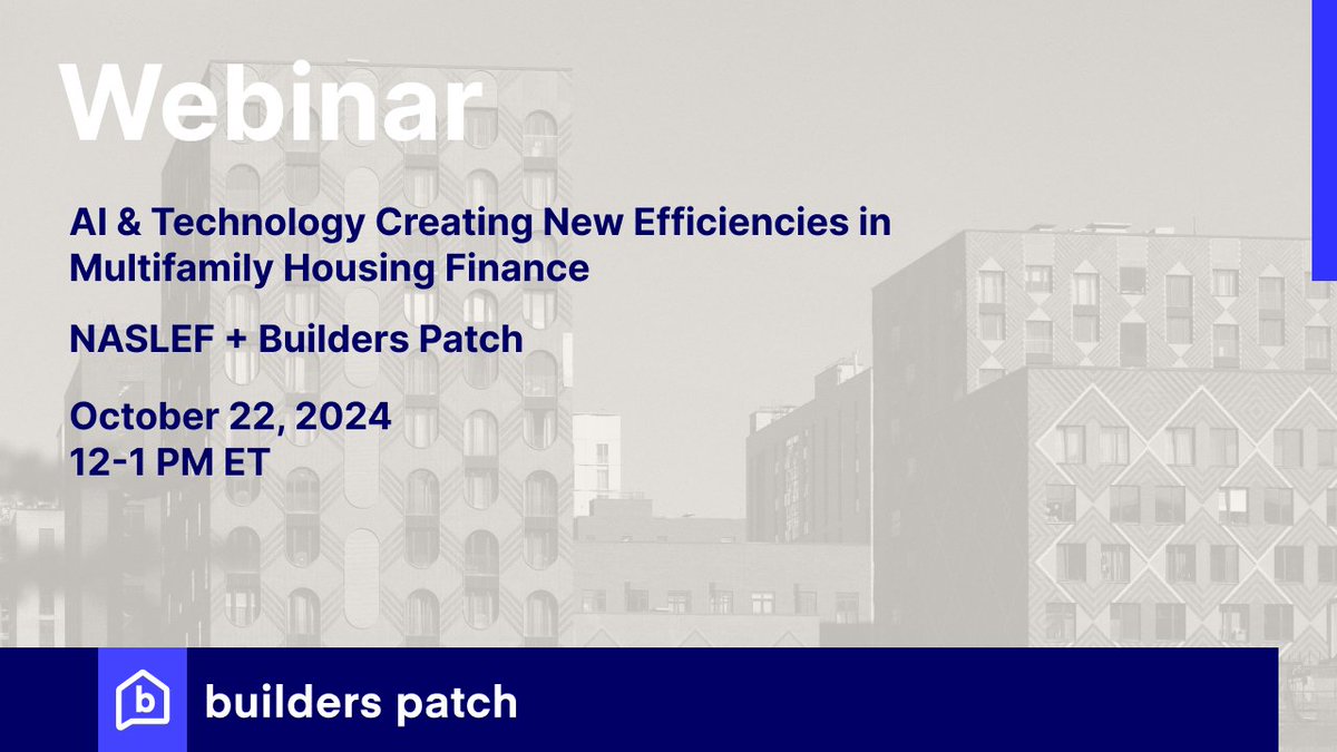 Excited that Builders Patch is partnering with NASLEF for a webinar on AI &amp; Technology Creating New Efficiencies in Multifamily Housing Finance. 🏘️💻
🔗 Register now to secure your spot: hubs.ly/Q02TSCqm0
