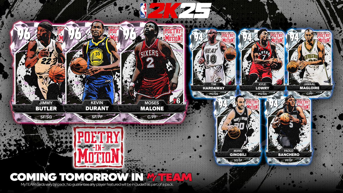 NBA2KMyTEAM's tweet photo. Poetry in Motion drops tomorrow in MyTEAM ⛹️‍♂️

Pick up new additions for your squad from this set featuring players who made hooping look too easy 😎
🤩 Pink Diamond Kevin Durant
🤩 Pink Diamond Jimmy Butler
🤩 Pink Diamond Moses Malone
➕ more! https://t.co/OPopSDLslY