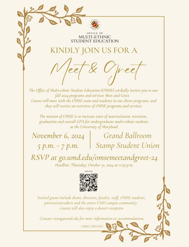 Join @umdosme for the Fall 2024 Meet and Greet! Come out and meet the OSME team, learn about programs and services offered, and enjoy some free desert!
 RSVP by October 31st, 11:59pm. go.umd.edu/omsemeetandgre…