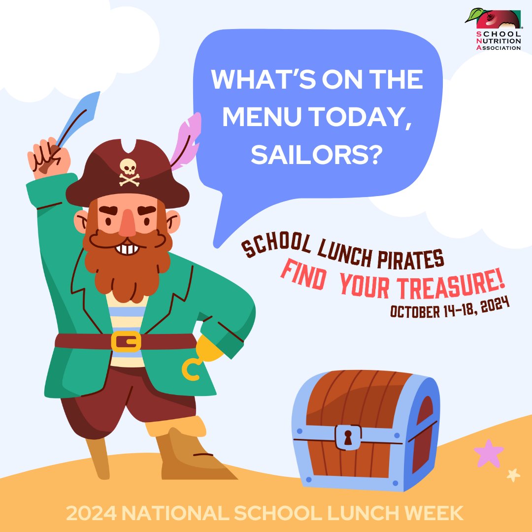 🍏 What’s on the menu today, pirates? National School Lunch Week is serving up delicious treasures every day! What’s been your favorite so far? 🏴‍☠️ #SchoolLunchPirates #NSLW24