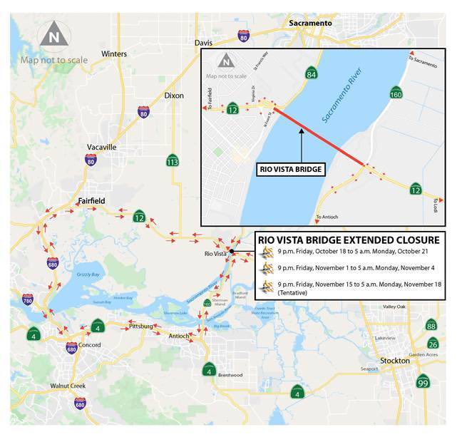 CHPSouthSac's tweet image. Starting tomorrow!!! The Rio Vista Bridge on SR-12 will be closed for three weekends this fall due to a $11.24M paving project. Expect 55-hour closures on Oct. 18-21, Nov. 1-4, and Nov. 15-18 (tentative). Detours could add up to 2 hours to your trip, so plan ahead! #Caltrans