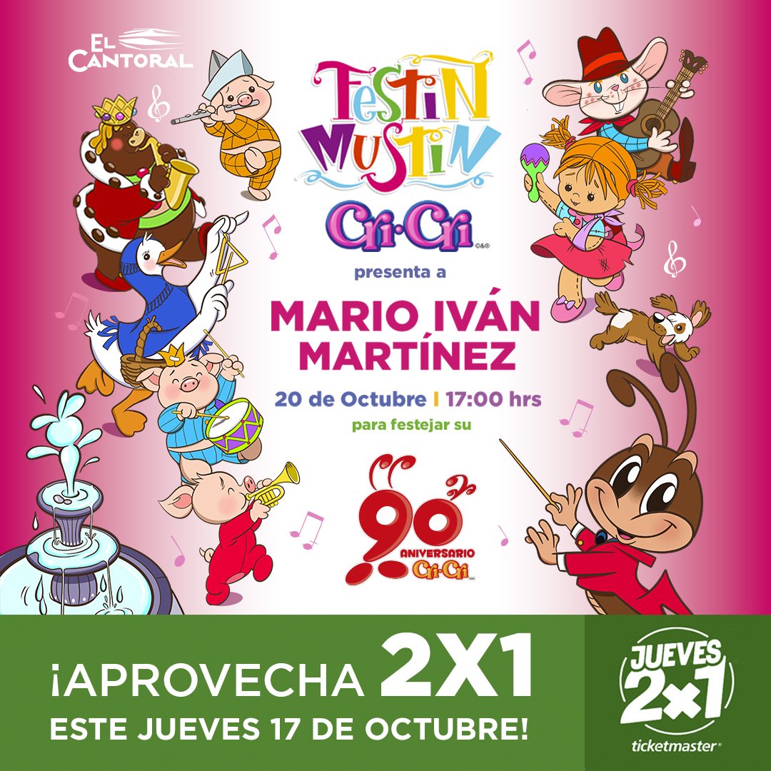 🎉 Festín Mustín Cri-Cri 🎉
Solo por hoy tenemos un 2X1🎟️ en la venta de boletos de <a href="/CuentosMIM/">URI Mario Iván</a>
ticketmaster.com.mx/festin-mustin-…
🥳🙋🏼‍♂️🎶🦗

#CriCri90 #FestínMustínCriCri #VozEnPunto #Ticketmaster #ElCantoral #Festival #Boletos #2x1 #Jueves #VentaExclusiva