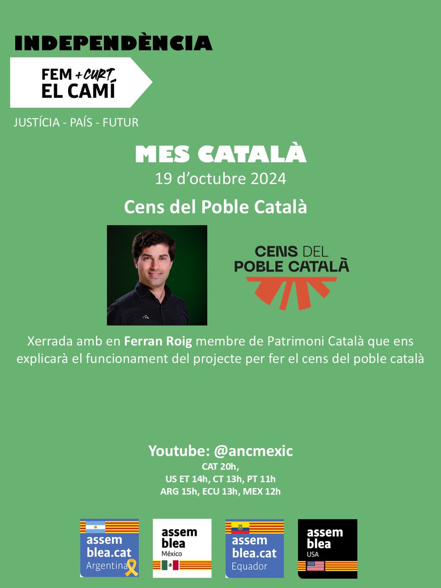 Dissabte 19 d'octubre tindrem una xerrada amb en Ferran Roig membre de Patrimoni Català que ens explicarà el funcionament del projecte per fer el cens del poble català
#MesCatalà
<a href="/censpoblecatala/">CENS del Poble Català</a> 
<a href="/catalanassembly/">Catalan Assembly | Assemblees Exteriors ANC II★II</a>  <a href="/assemblea_int/">Assemblea International</a>  <a href="/assemblea/">Assemblea Nacional Catalana</a> <a href="/ANC_Equador/">ANC Equador II★II 🇪🇨</a> <a href="/AncArgentina/">ANC Argentina</a> <a href="/ANC_USA/">🎗️ ANC USA 🎗️</a>