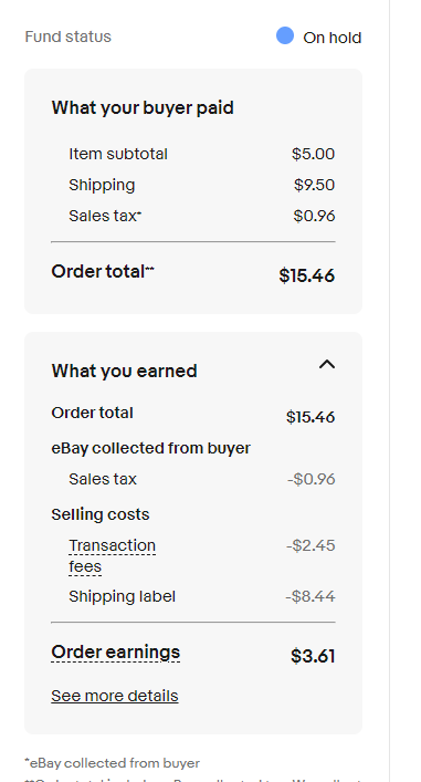 WFMGWF's tweet photo. How do you people make money off Ebay? You overprice items on Ebay to make your money back. I tested some items that were free to me Ebay raped me on transaction costs They took a % on the item,sales tax , shipping &amp; a 40 cent value fee #Greed #EbaySucks #EbayScam #EbayFail https://t.co/2RhUIsYejU