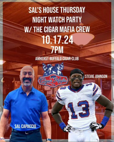 SalSports's tweet photo. TONIGHT! Breaking down the Amari Cooper trade while watching Broncos at Saints and baseball playoffs with @StevieJohnson13 -- on a special Sal's House TNF Watch Party - LIVE from @BuffaloCigars! Join us live right here, YouTube, or Facebook! https://t.co/3EuVP19lIi