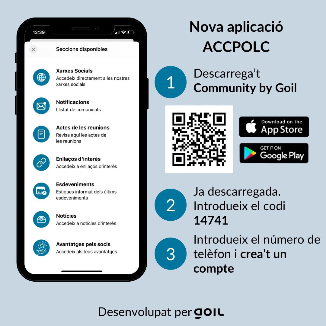 Ja podeu descarregar l'app de ACCPOLC trobareu documentació i informació rellevant.
Aquesta aplicació és exclusiva per a tots els associats i a continuació us informem com us podeu donar d'alta i un cop validada tindreu accés als continguts.