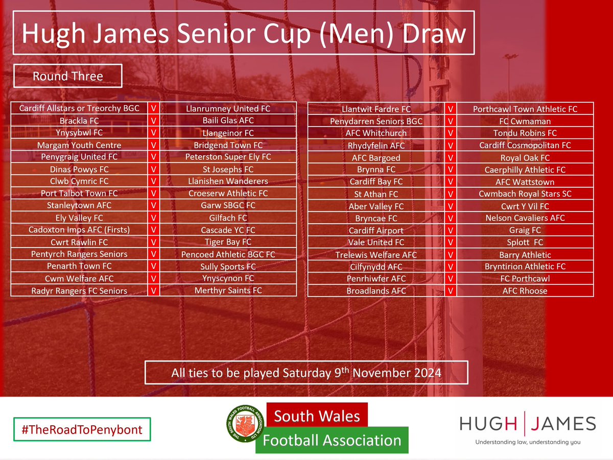 SouthWalesFA's tweet photo. @HughJamesLegal Senior Cup (Men’s) Round 3 

Ties to be played Saturday 9th November https://t.co/VqUNhJnaP6