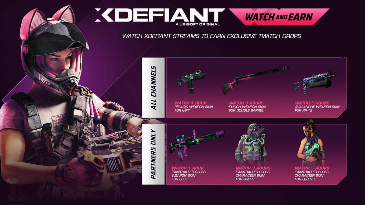 PlayXDefiant's tweet photo. Watch your favorite Creators play XDefiant and earn awesome stuff like character skins, weapon skins and more. Check out what you can get with this month's Twitch rewards! https://t.co/terj8JTZJs