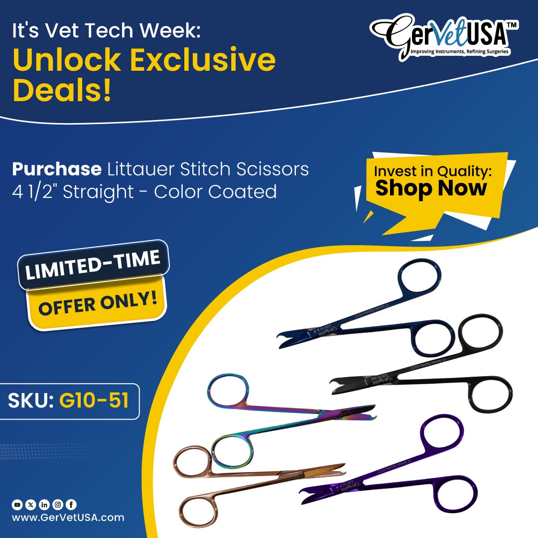 GerVetUSA's tweet image. Enjoy Vet Tech Week with Exclusive Discounts!

To celebrate Vet Tech Week, we’re offering a limited-time deal on our Littauer Stitch Scissors 4 ½", Straight - Color Coated.

Shop Now: tinyurl.com/23ehfmnm

#VetTechWeek #VeterinaryTools #StitchScissors #VetTechLife #AnimalCare