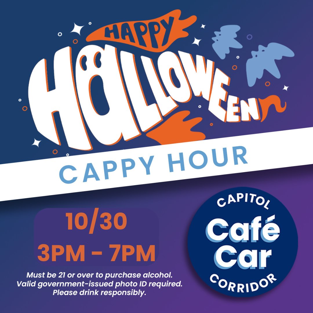 CapitolCorridor's tweet photo. 🎃👻🚆 Join us for a spooky Cappy Hour on Wednesday, 10/30 from 3pm-7pm on all trains! Head to the Café Car for discounted alcoholic and non-alcoholic beverages, and FREE cookies onboard.

Snap a pic and make sure to tag @capitolcorridor! 

#halloween #cappyhour #capitolcorridor https://t.co/I44Zki8pez