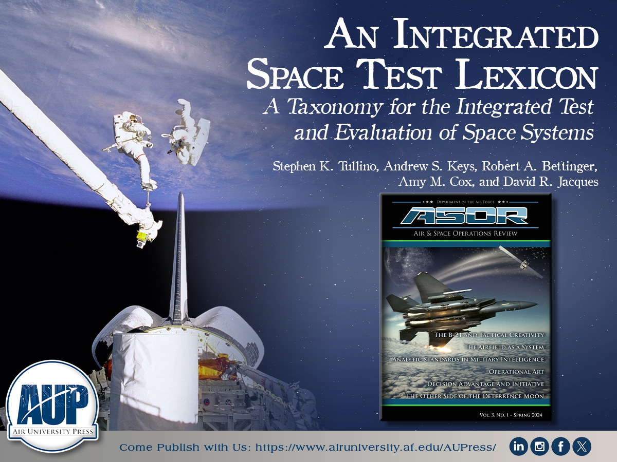 ASPJ_AUP's tweet image. From @ASORJournal Vol 3 No 2, Summer 2024: "An Integrated Space Test Lexicon" by Stephen K. Tullino, et al.

Read Online: ow.ly/eRbK50TzoJT
Download the full journal: ow.ly/fvi650TzoJO

#AUPress #ASORJournal #USAF #MilitaryJournal #Airpower #Spacepower