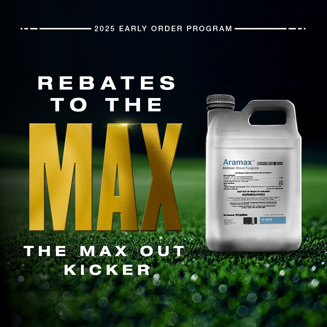 Take your fairways to the max with the EOP MAX OUT Kicker! Earn an additional 6% rebate on 2.5-5 gallons of Aramax Intrinsic brand fungicide or an additional 9% rebate on 7.5-10 gallons. Don’t wait. Order in October for the best deals! bit.ly/4eIenTZ