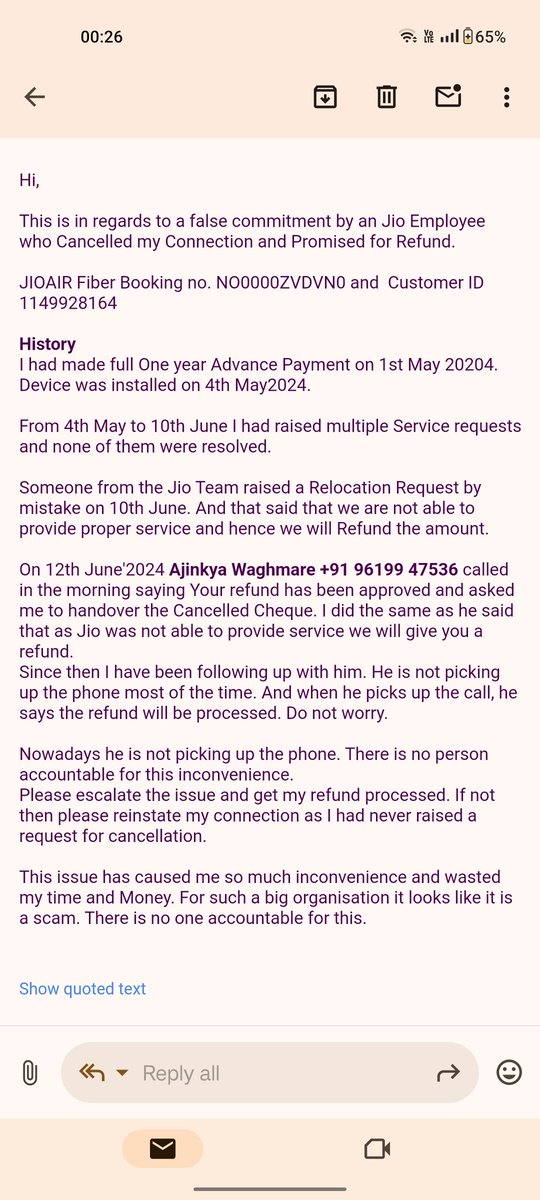 jimitsoniZ's tweet photo. @JioCare @JIOAIRFIBERIN not responding to my emails. Extremely disappointing service from Jio Air fiber. Cancelling the connection on there promising the refund and not fulfilling the promise. @jagograhakjago need help https://t.co/5yfYTZWtep