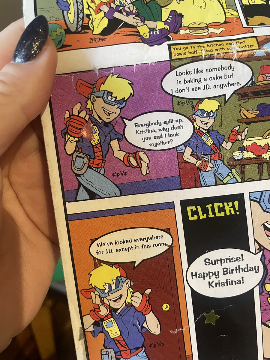 grrldetective's tweet photo. @JennyENicholson finally watching the newest patreon video and I’m so happy you mentioned Vid Kid, one of my prized possessions is this personalized comic and sticker sheet the BK kids club sent me as a child https://t.co/tHtwIsBDrY