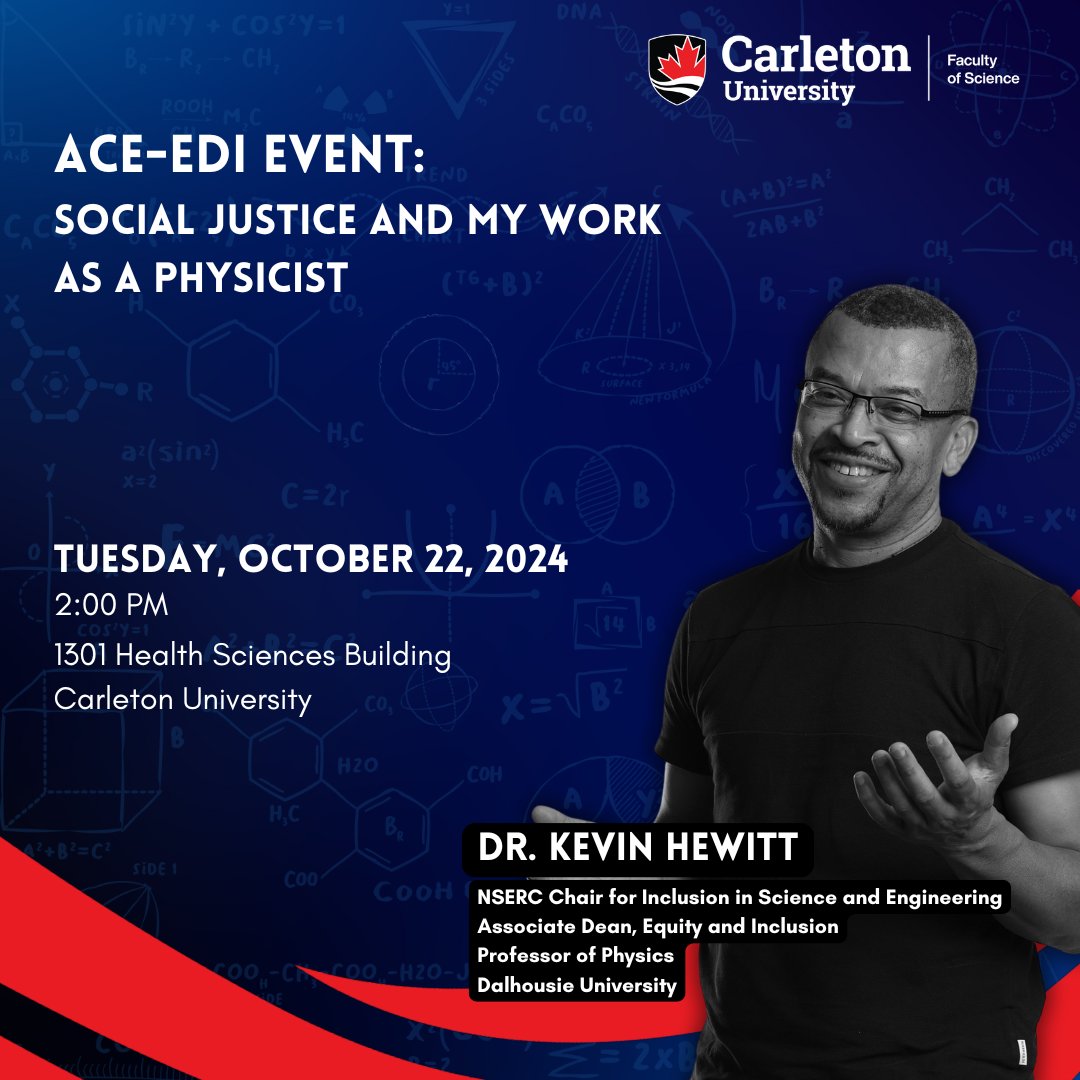 Carleton Science (@carletonscience) on Twitter photo Join us on Oct. 22 for a talk by Dr. Kevin Hewitt, NSERC Chair for Inclusion in Science & Engineering at <a href="/DalhousieU/">Dalhousie University</a>! Explore how STEM can connect with social justice and drive change.
🗓 2:00 p.m. - 3:00 p.m.
📍 Health Sciences Bldg, Rm 1301
Register: shorturl.at/12kAw Join us on Oct. 22 for a talk by Dr. Kevin Hewitt, NSERC Chair for Inclusion in Science & Engineering at <a href="/DalhousieU/">Dalhousie University</a>! Explore how STEM can connect with social justice and drive change.
🗓 2:00 p.m. - 3:00 p.m.
📍 Health Sciences Bldg, Rm 1301
Register: shorturl.at/12kAw