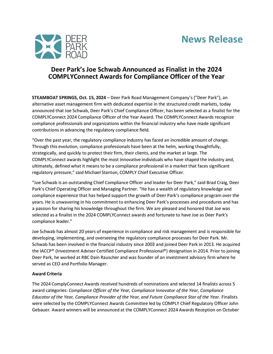 deerparkrd's tweet photo. We are pleased and honored that Deer Park's Joe Schwab was selected as a finalist in the 2024 COMPLYConnect awards for Compliance Officer of the Year. Joe is an outstanding Chief Compliance Officer and we are fortunate to have him as Deer Park's compliance leader. https://t.co/krn4JZk32a