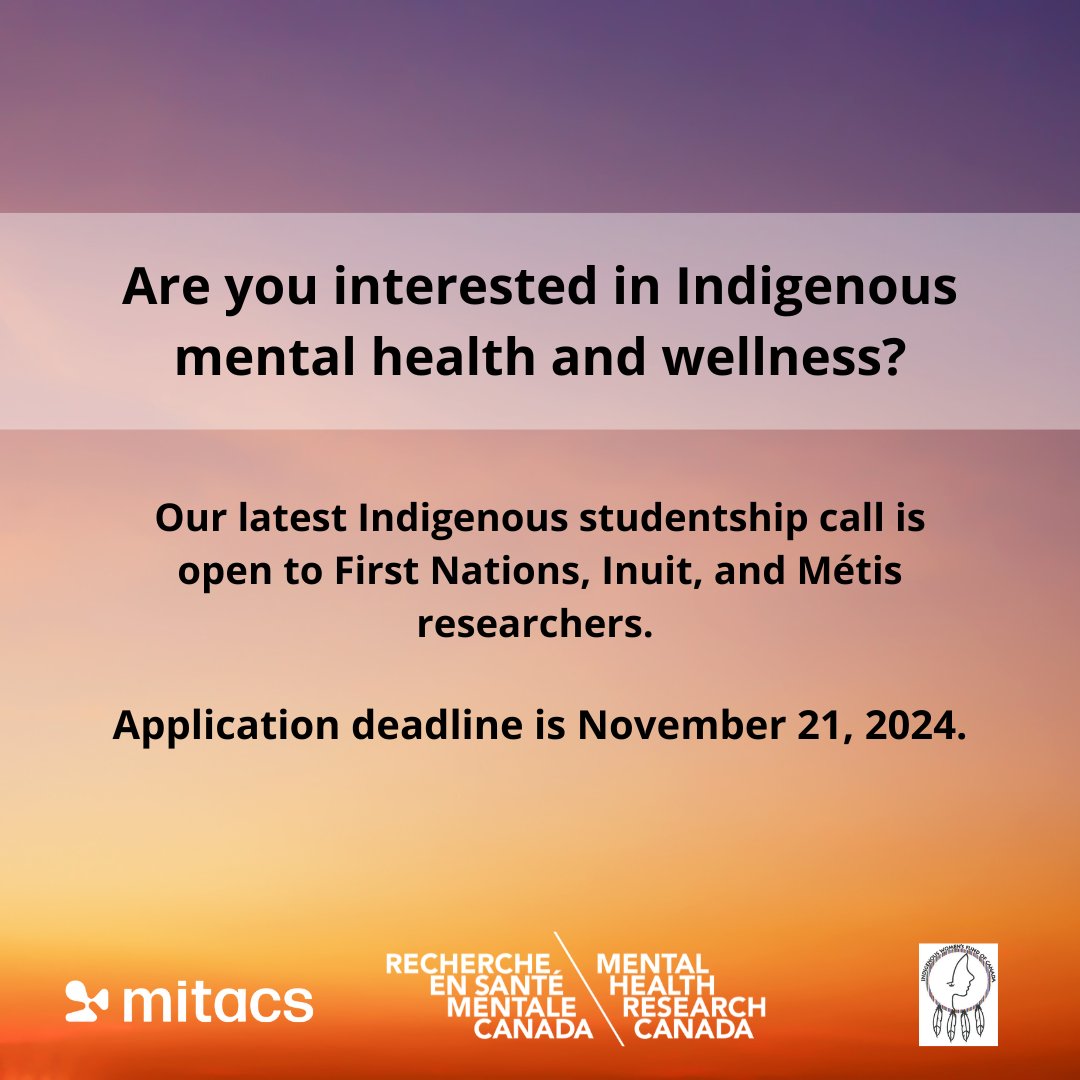 MHRCanada's tweet photo. Are you an Indigenous researcher interested in creating a meaningful impact in Indigenous mental health? Apply to our latest studentship opportunity today: 
https://t.co/Ilw1tVa38y

Co-funded with @MitacsCanada and the Indigenous Women’s Fund of Canada (IWFC). https://t.co/tLpSLBDjsp